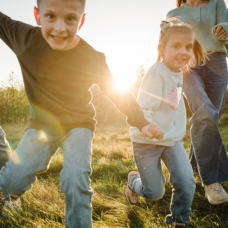 Kinder spielen mit ihren Eltern auf einer Wiese im Sonnuntergang.